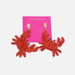 New Persimmon Crab Dangle Statement Earrings Red Gold Raffia Woven Beach Coastal